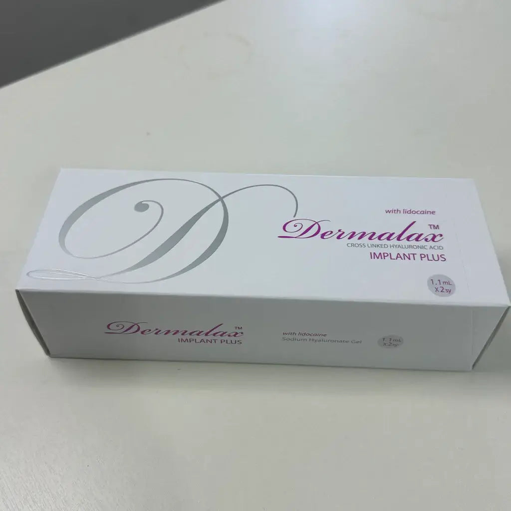 Dermalax Implant Plus box packaging featuring lidocaine for structural HA filler for contour and lift.