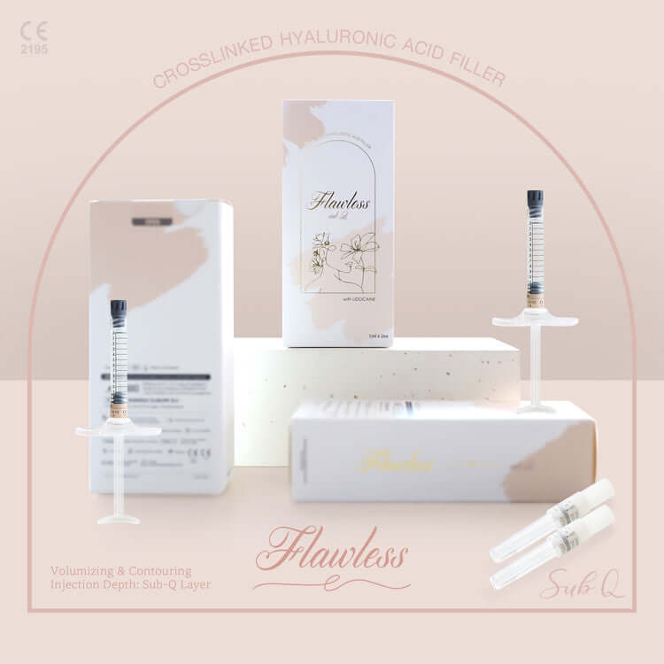 FLAWLESS Sub-Q packaging and syringes, high-density crosslinked hyaluronic acid filler for structural support and volumizing.