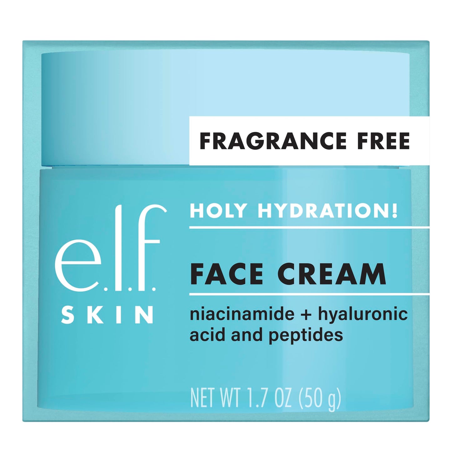 NutriNation e.l.f. Holy Hydration moisturizer face cream with niacinamide, hyaluronic acid, and peptides, fragrance-free.
