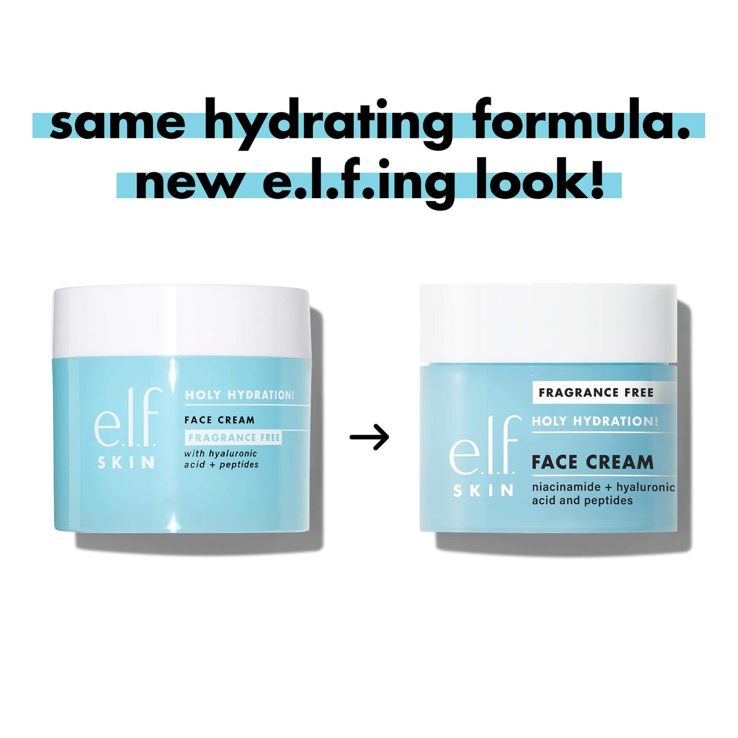 NutriNation e.l.f. Holy Hydration Face Cream with new packaging and hydrating formula, featuring niacinamide and peptides.