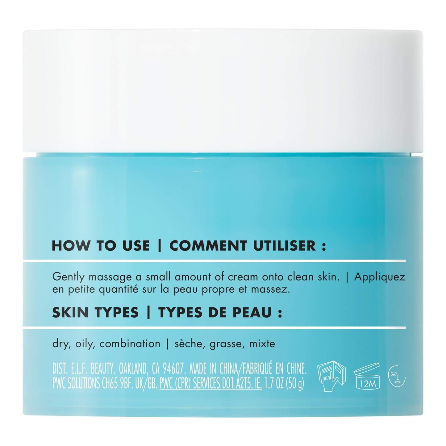 NutriNation e.l.f. Holy Hydration moisturizer instructions for use and skin types on packaging.