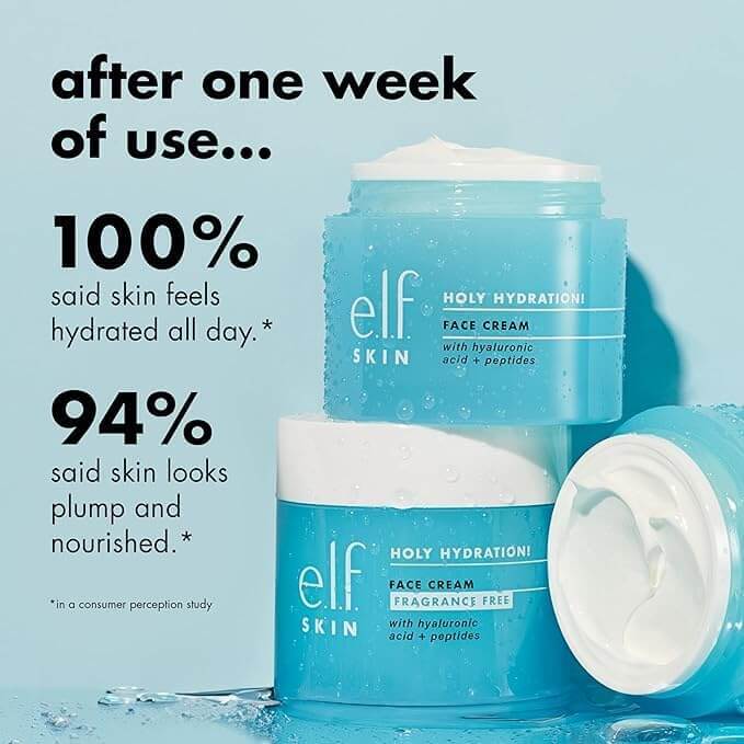 Nutrination e.l.f. Holy Hydration moisturizer jars showcasing hydration results after one week of use.