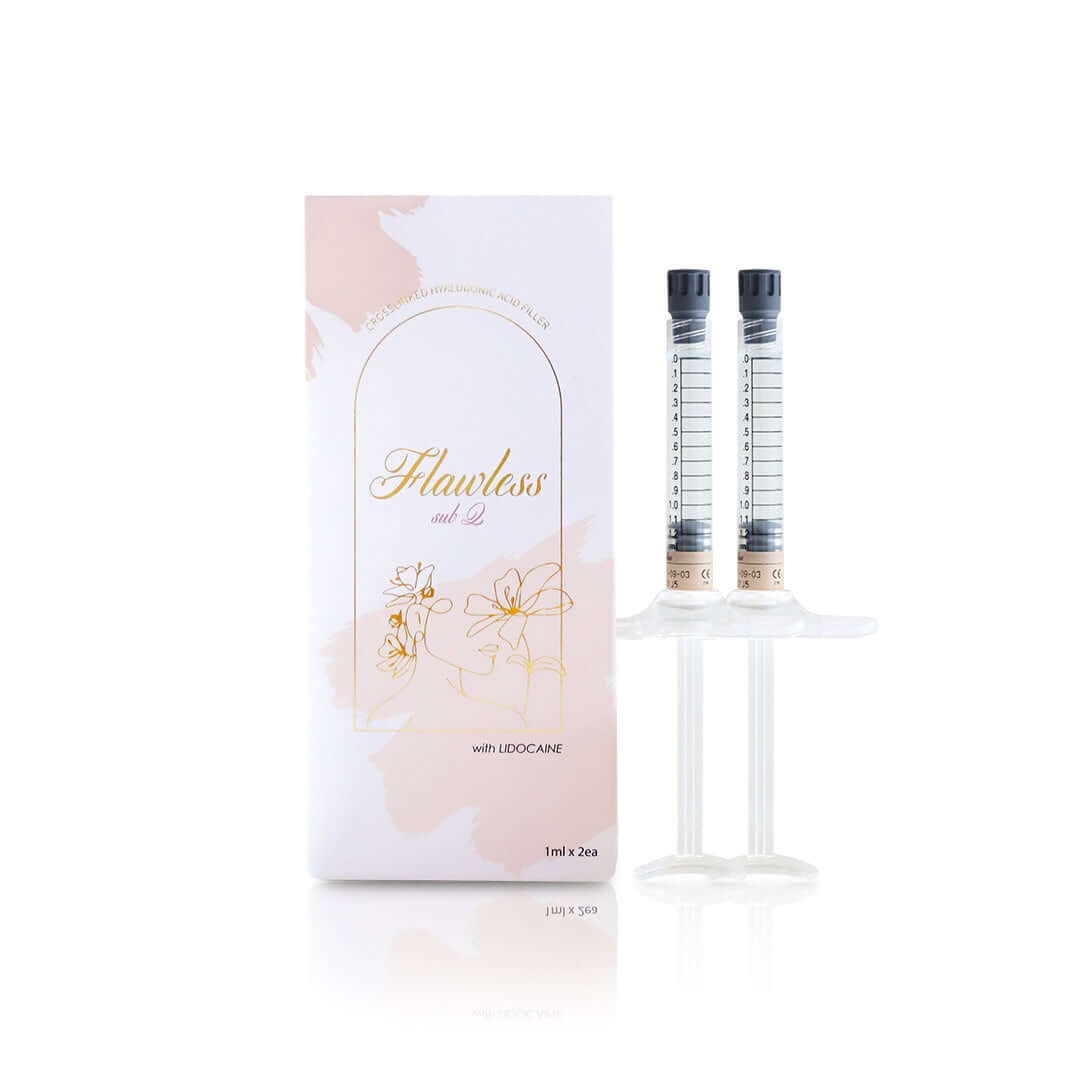 FLAWLESS Sub-Q gel syringes with packaging, 2x1ml, designed for structural support and volumization, includes lidocaine.