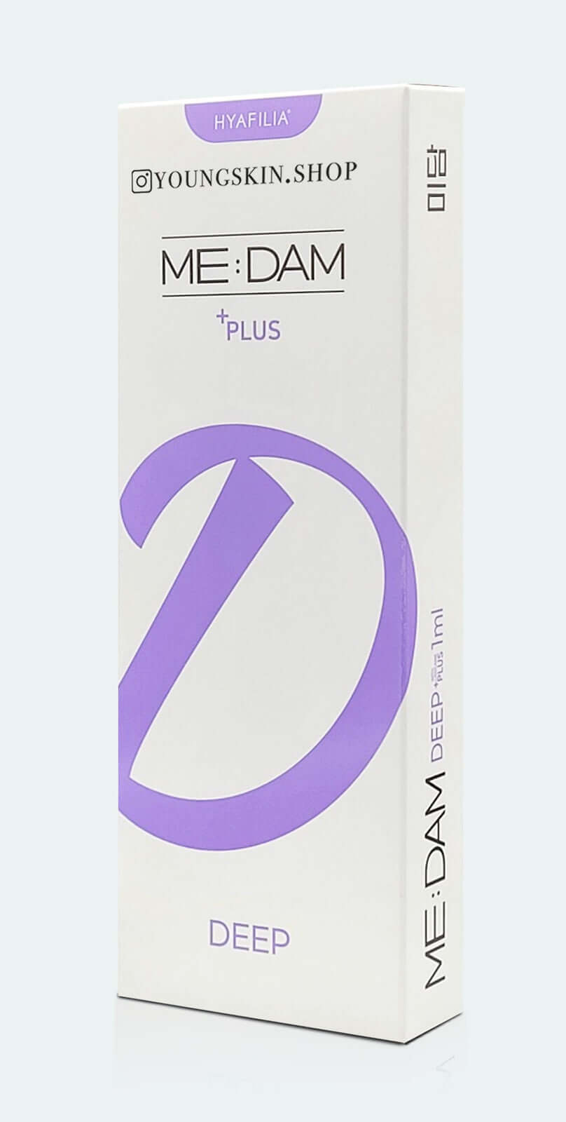 HYAFILIA ME:DAM Deep Plus packaging designed for deep wrinkle correction and facial contour shaping.