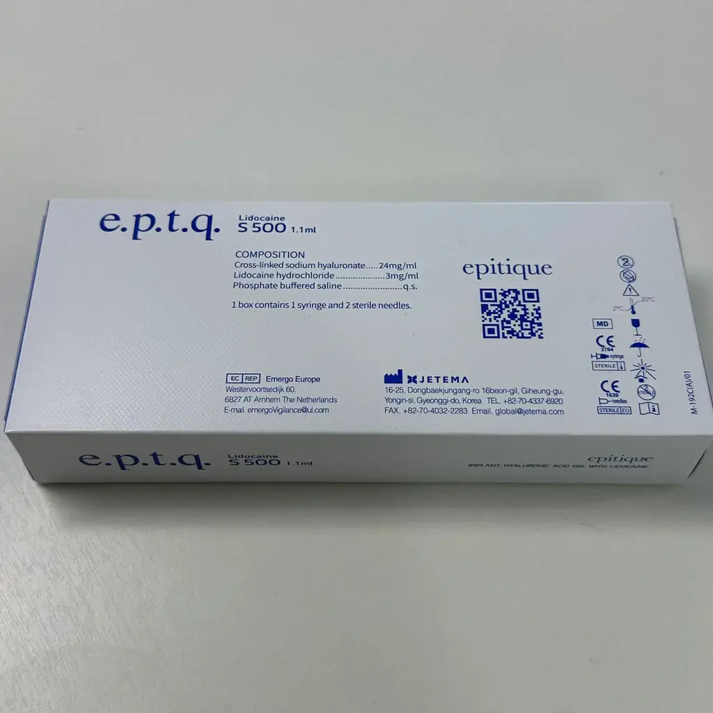 EPTQ S500 high-density filler box, featuring ingredients and syringe details for facial contouring and wrinkle correction.