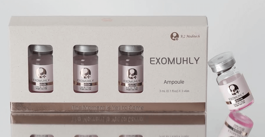 Exomuhly regenerative exosome therapy ampoules in a box, featuring 3 vials for enhanced skin repair and glow.