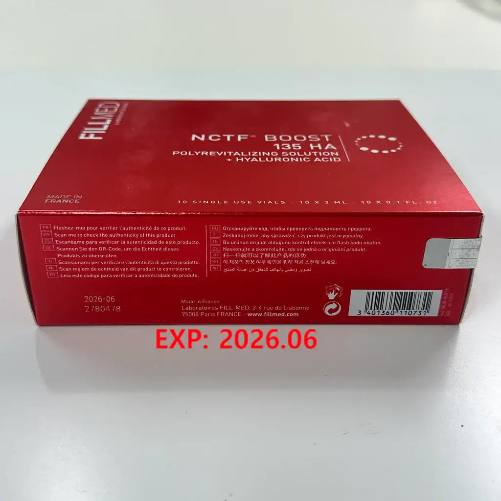 NCTF 135HA skin booster box by Fillmed, packed with nourishing active ingredients for hydration and anti-aging.