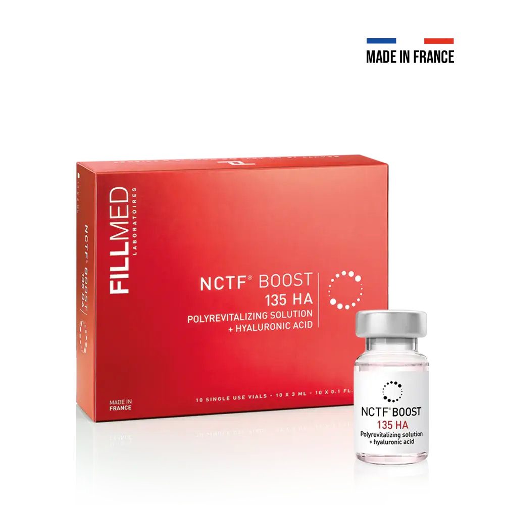 NCTF 135HA skin booster packaging and vial, ideal for anti-aging and hydration, rich in nutrients and hyaluronic acid.