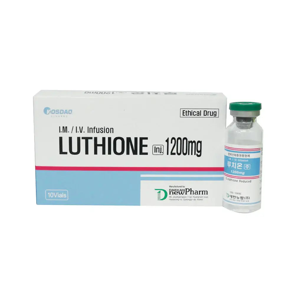 Luthione 1200mg glutathione injection for skin brightening and detoxification by Nutrination, presented in box with vials.