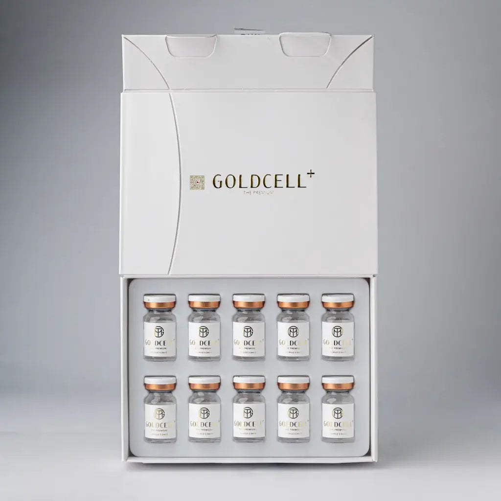 GTM GOLD CELL PLUS skin booster with ten vials in luxurious packaging for youthful radiance and nourished skin.