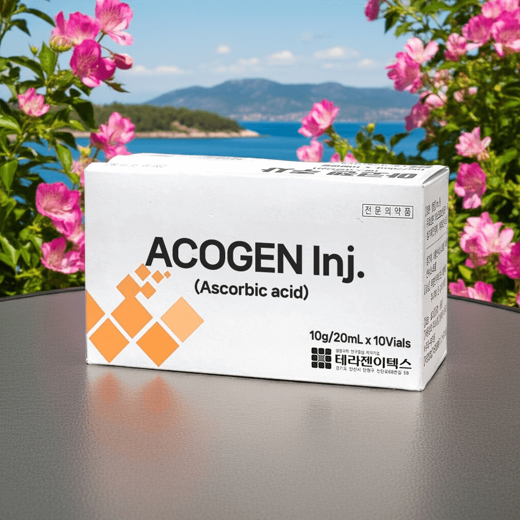 Acogen Inj box featuring ascorbic acid, promoting skin rejuvenation and vitality near blooming flowers.