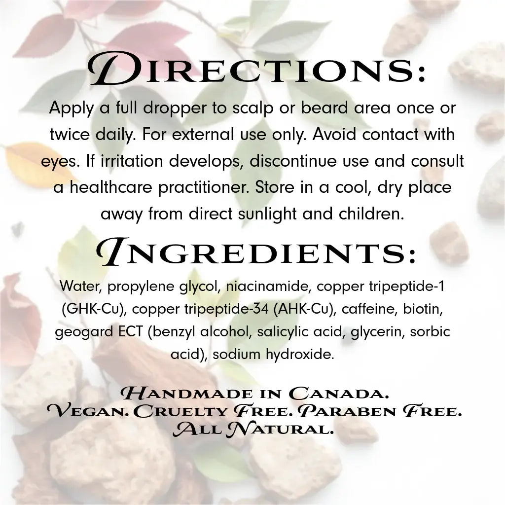 Directions and ingredients for Nutrination GHK/AHK Hair & Beard Growth Support, all natural and cruelty free.