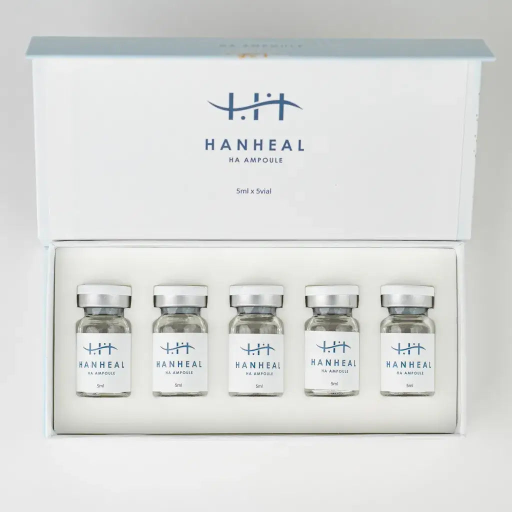 HANHEAL HA AMPOULE set of 5 vials in a sleek packaging for deep moisture and skin hydration.