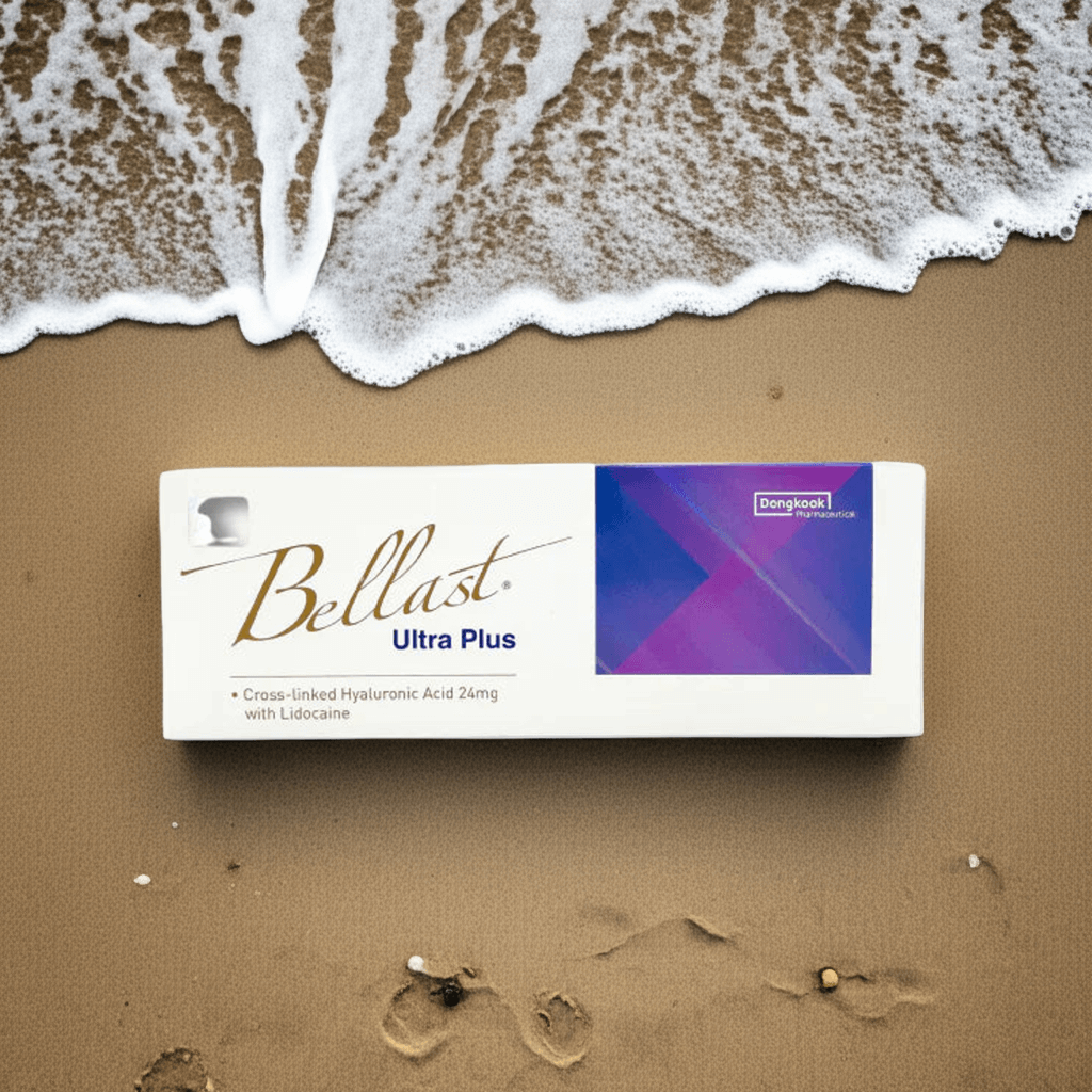 Bellast Ultra Plus hyaluronic acid filler box on sandy beach, designed for deep wrinkles and natural volume.