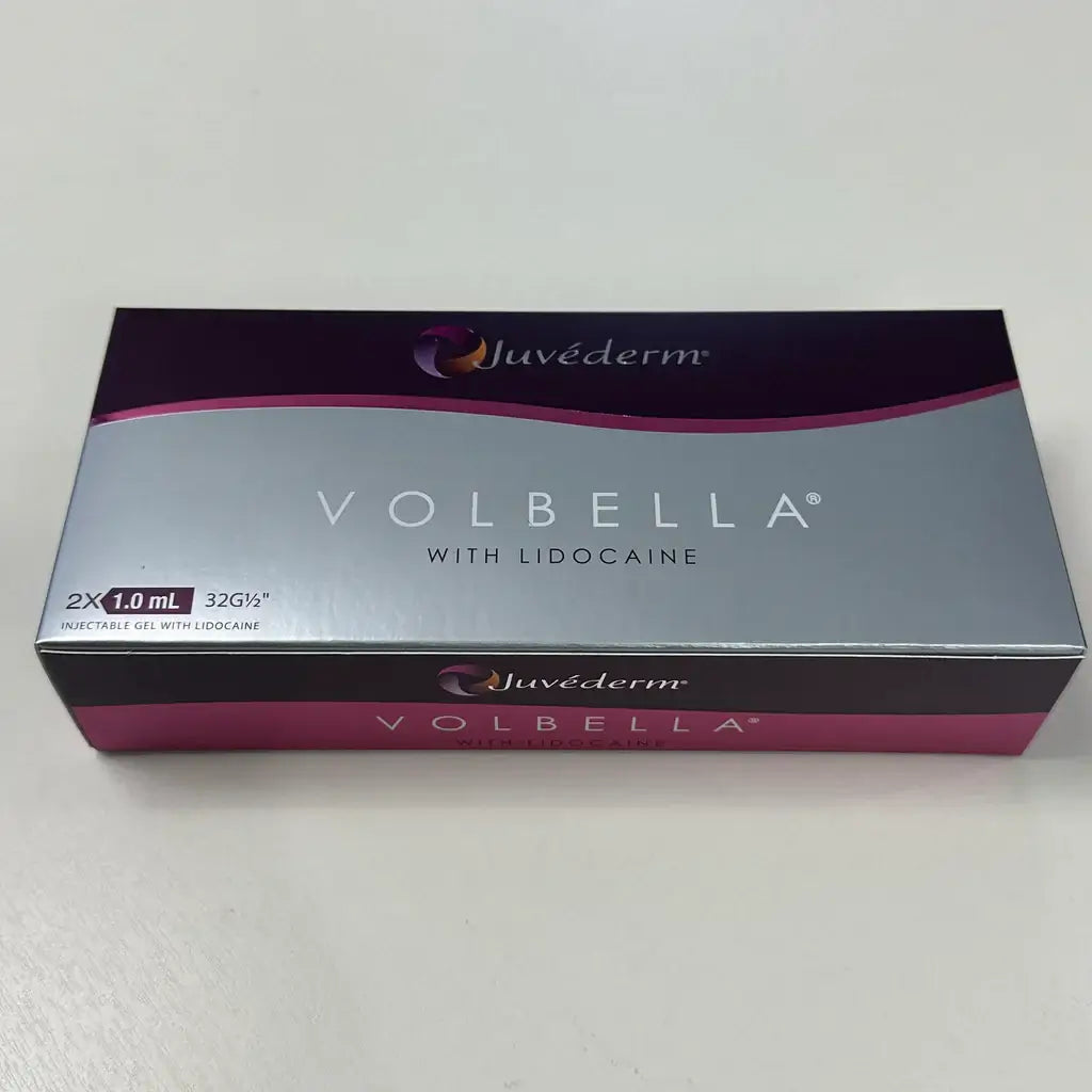 Juvederm Volbella packaging with lidocaine for subtle lip enhancement and fine line smoothing.