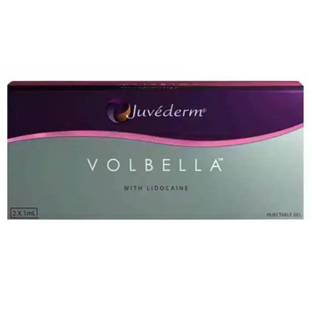 Juvederm Volbella product box with lidocaine for natural lip enhancement and fine line smoothing.
