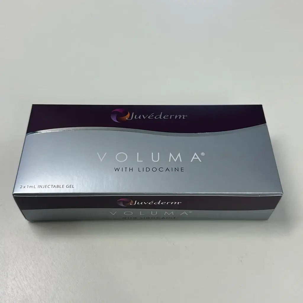 Juvederm Voluma injectable gel box for enhancing cheek and midface volume with lidocaine.