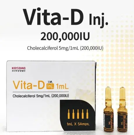 Vita D 200,000 IU injection box from Nutrination, includes 5 ampoules for boosting vitamin D levels and wellness.