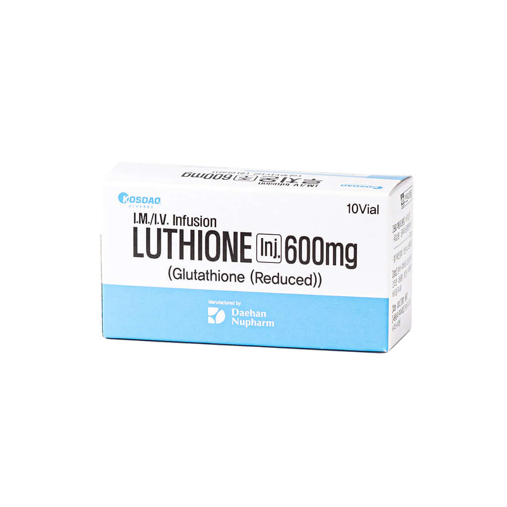 Luthione 600mg infusion box by Daehan Nupharm, high-dose antioxidant for skin health and oxidative stress reduction.