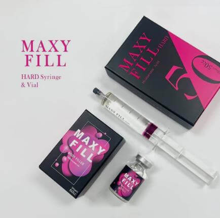 Maxy Fill Body (HARD) 50CC syringe and vial for body contouring, featuring ultra-dense hyaluronic acid.