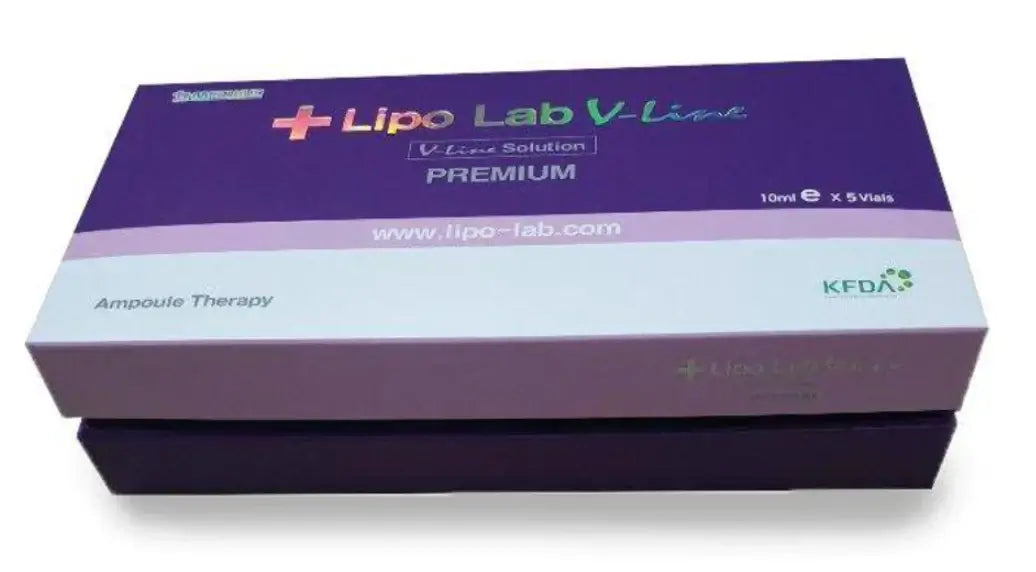 Lipoplab V Line 10ml x 5 vials packaging, available at Nutrination for jawline enhancement and double chin treatment.