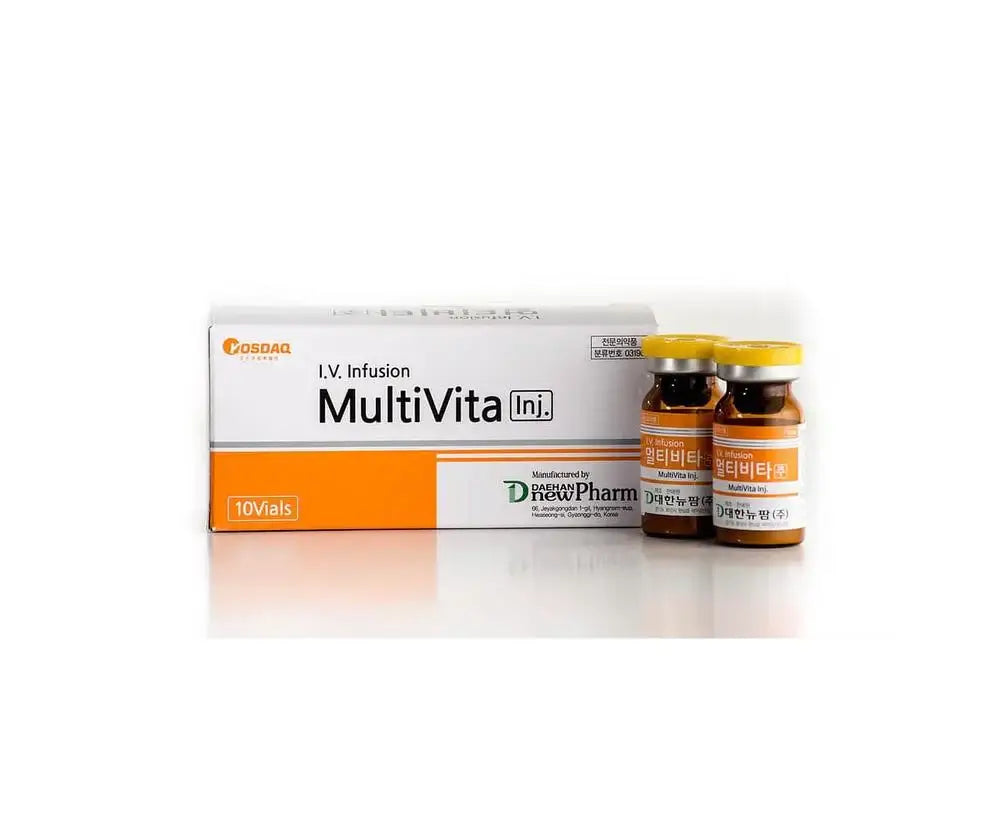 Multivita Inj multivitamin complex for energy, immune health, and skin regeneration in injection vials.