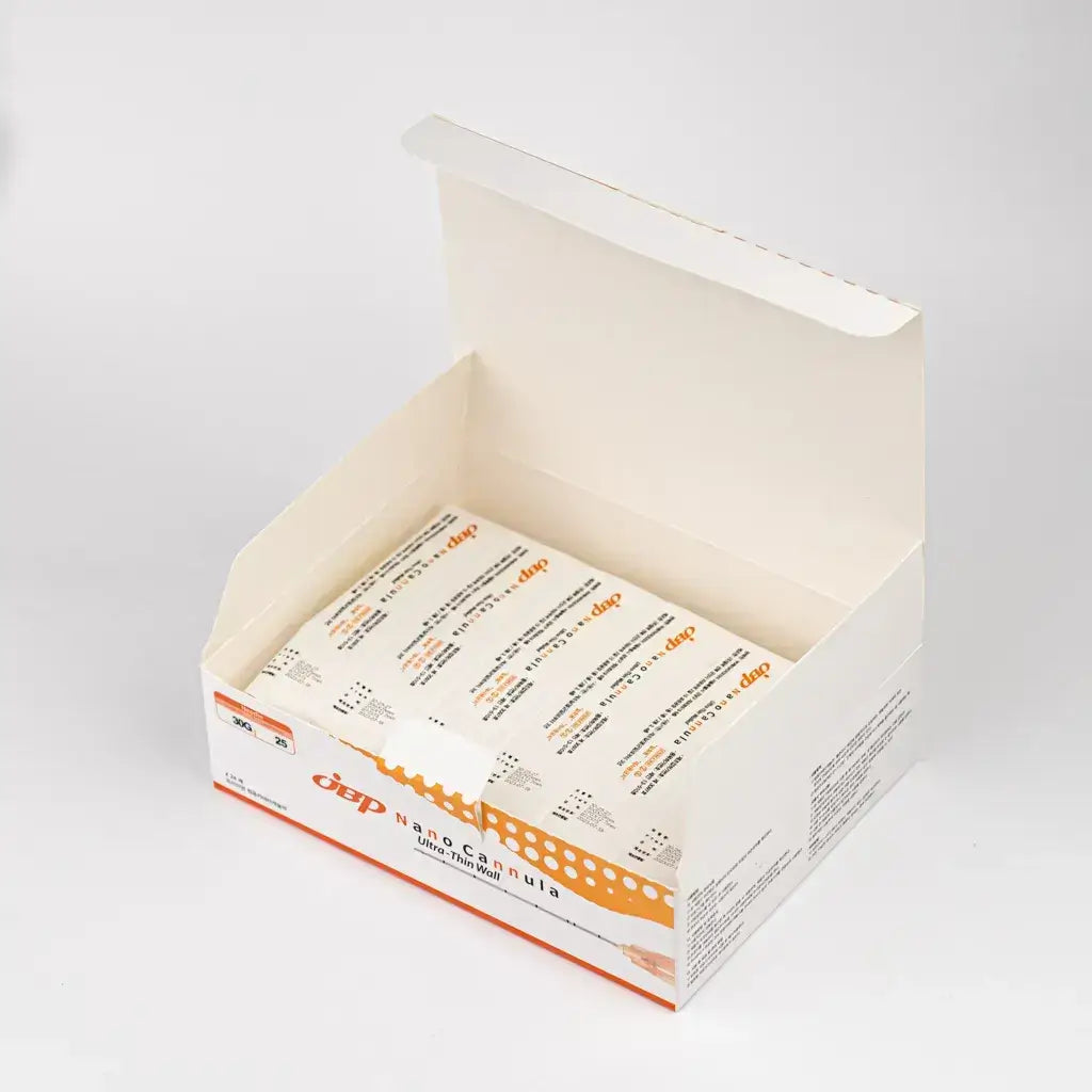 JBP Nano Cannula box containing 24 pcs of 30G 25mm cannulas, ideal for precise applications in Nutrination.