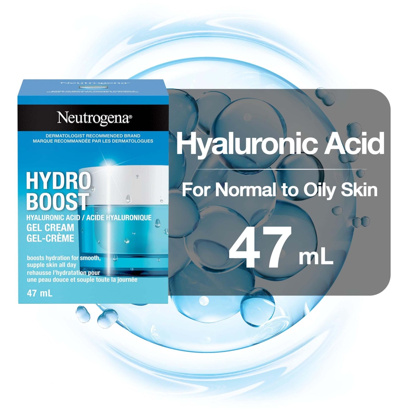 Neutrogena Hydro Boost Gel Cream 47ml with Hyaluronic Acid for oily skin, providing intense hydration and smoothness.