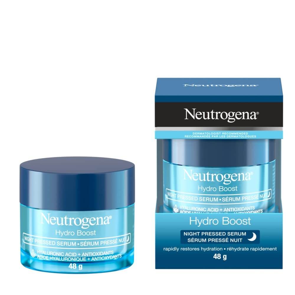 Neutrogena Hydro Boost Hydrogel Jar and Box, enriched with hyaluronic acid, enhances hydration and restores skin moisture.