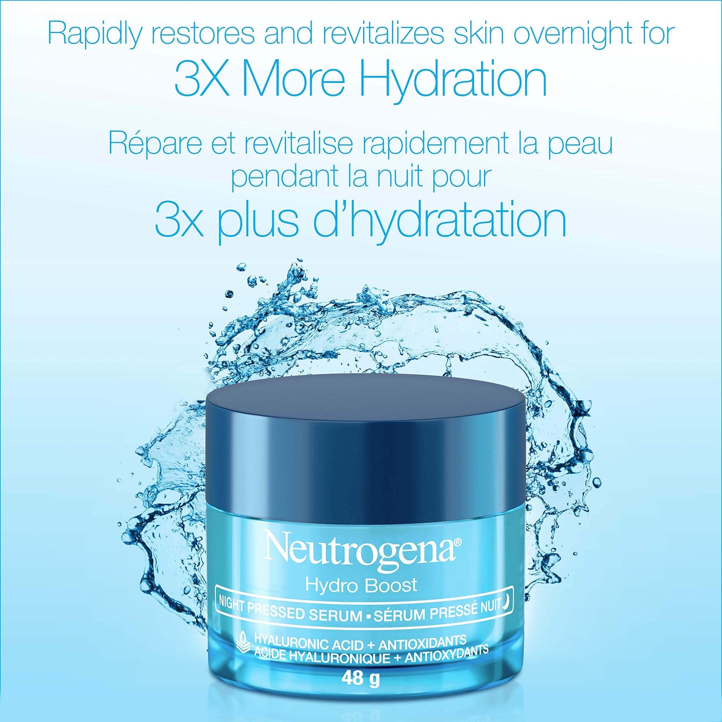 Neutrogena Hydro Boost Night Pressed Serum 48g, boosts hydration for revitalized skin overnight, hyaluronic acid enriched.