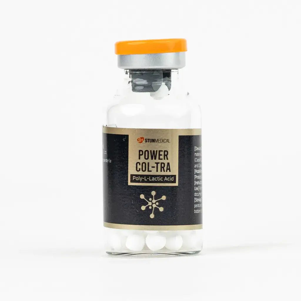 POWER COL-TRA 365 MG bottle containing polylactic acid for collagen stimulation and volumizing restoration.