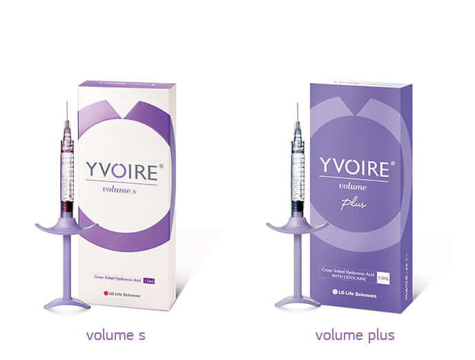 YVOIRE Volume S and Volume Plus contour gels for facial sculpting with hyaluronic acid.