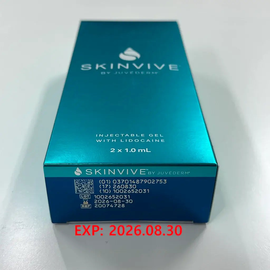 Juvederm Skinvive box showing 2x10mL injectable gel for hydration and skin glow with lidocaine.