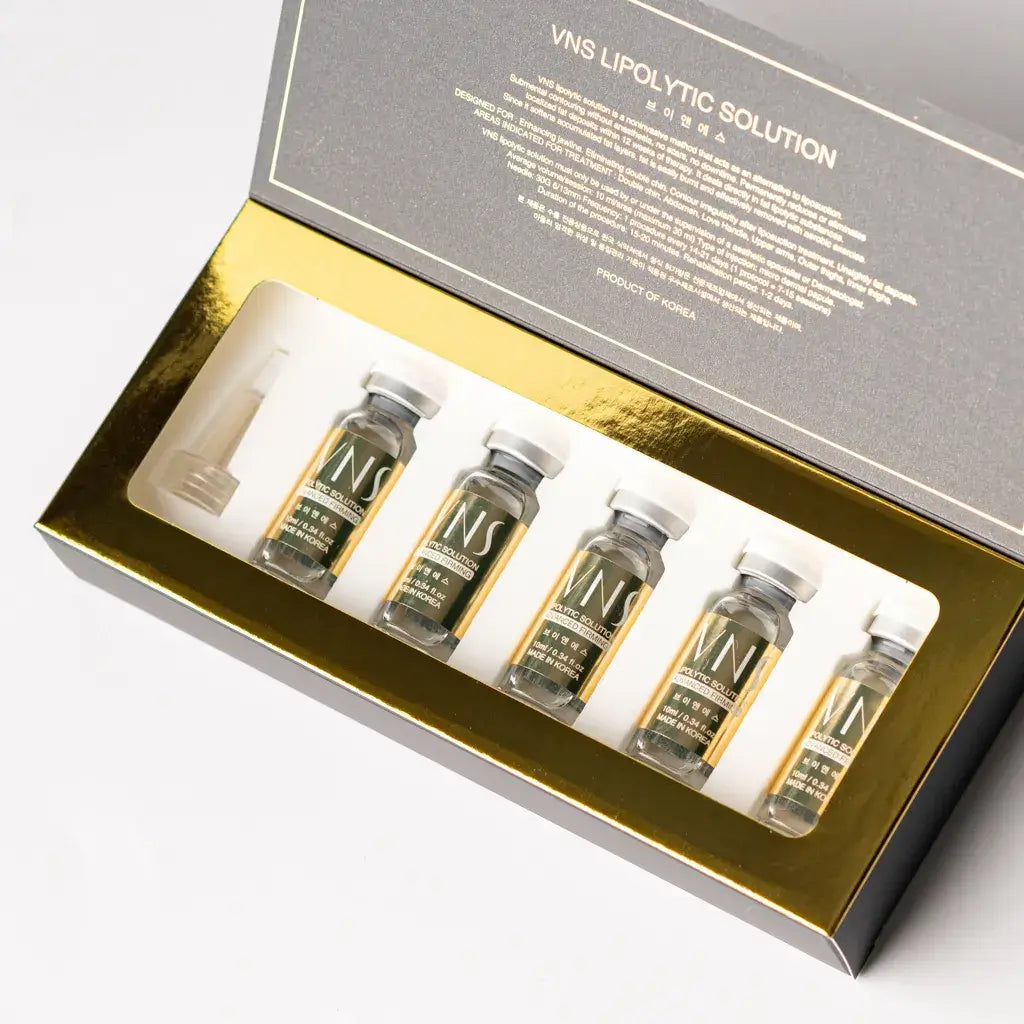 VNS Lipolytic Solution in a luxurious box, featuring 5 vials for fat dissolution and collagen boosting, by Nutrination.