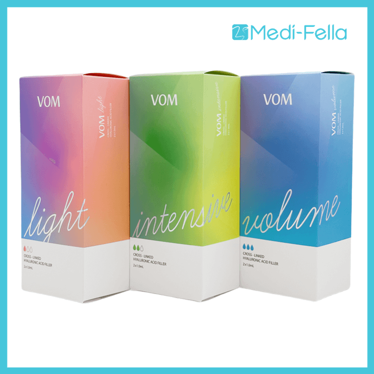 VOM Light, Intensive, and Volume boxes showcasing hyaluronic acid fillers at Nutrination.