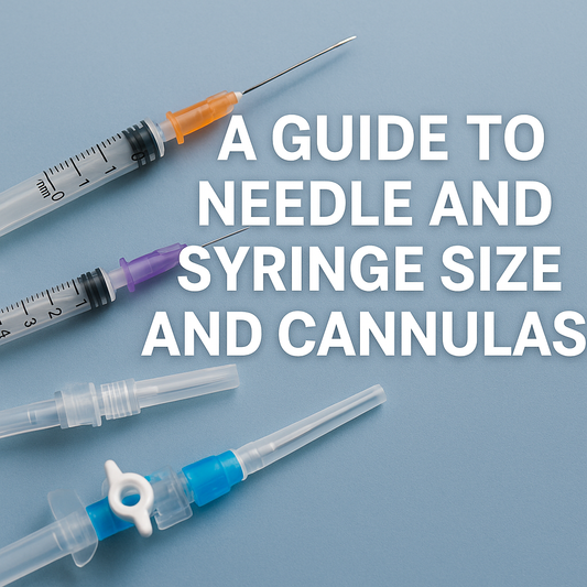 High-resolution image of medical syringes and IV cannulas with bold text: A Guide to Needle and Syringe Size and Cannulas — Essential for Ontario medical and cosmetic professionals in 2025
