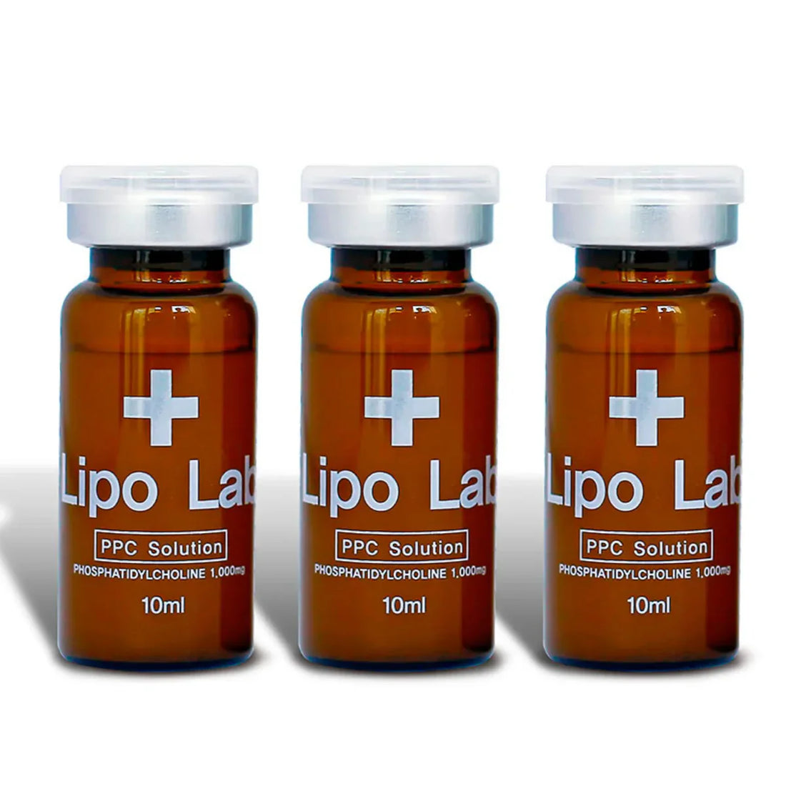 Three amber vials of LipoLab PPC Solution 10ml each illustrating LipoLab dosing guidelines