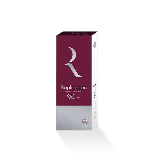 Replengen Volume high-density gel packaging designed for volume restoration and correction of facial lines.
