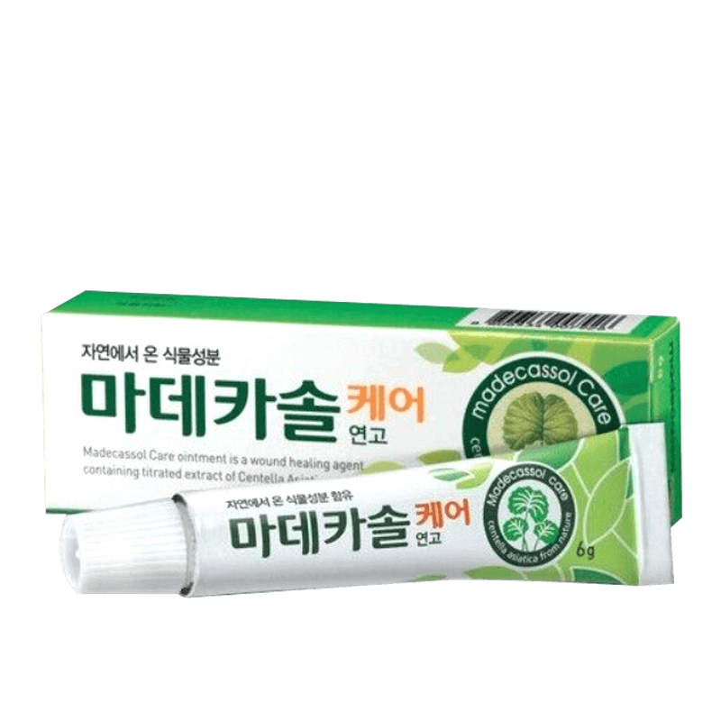 Madecassol Gel tube and box, plant-based wound care with Centella Asiatica extract for healing and scar treatment.