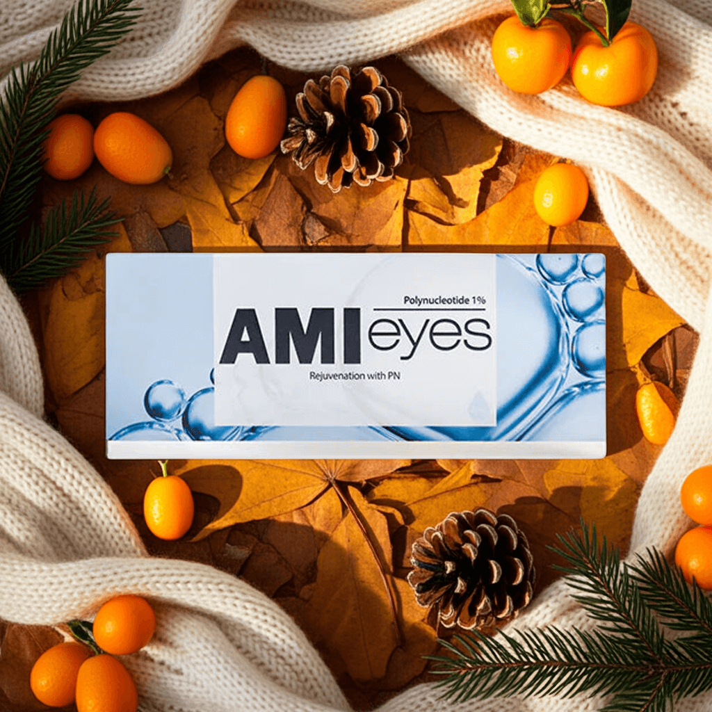 AMI Eyes box on autumn leaves, showcasing under-eye rejuvenation with PDRN for brighter skin.