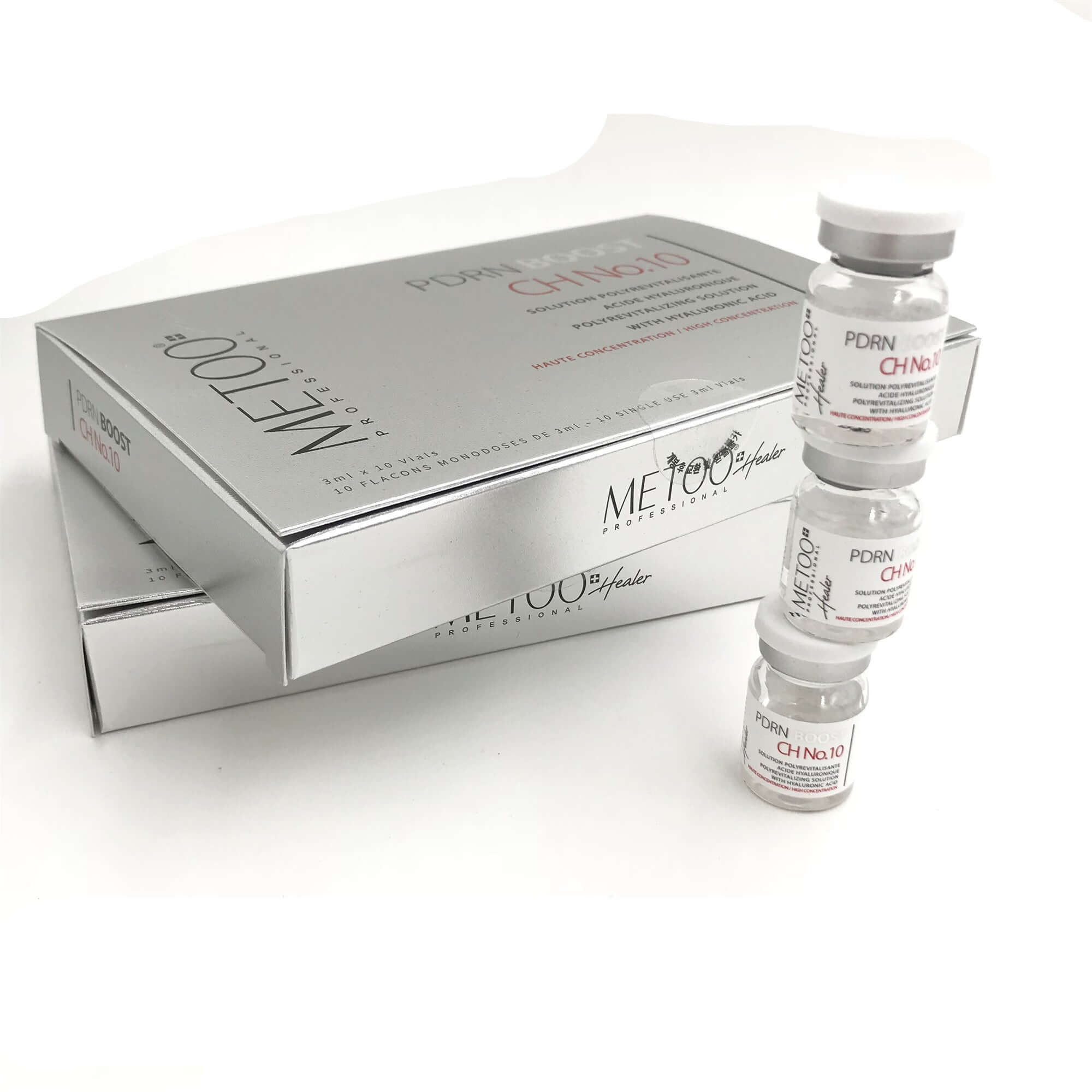 MeToo Healer PDRN Boost vials in a sleek silver box, promoting rapid tissue regeneration and anti-inflammatory benefits.