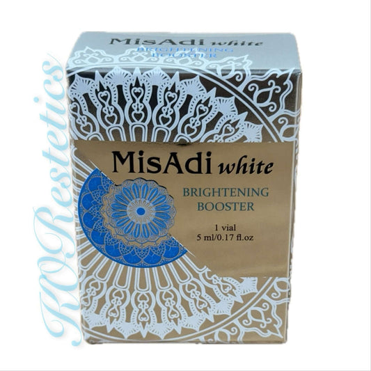MisAdi White Brightening Skin Booster, 5ml vial, enriched with peptides, vitamins, and antioxidants for even skin tone.