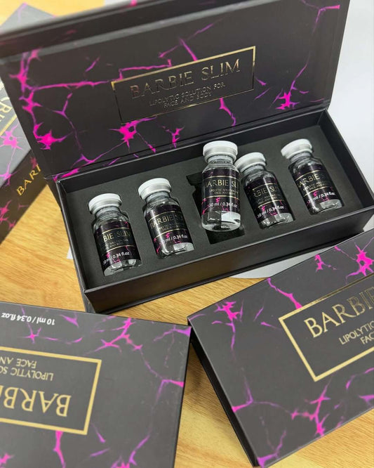 Barbie Slim Lipolytic Solution in elite packaging, featuring 5 x 10ml vials designed for fat reduction and body shaping.