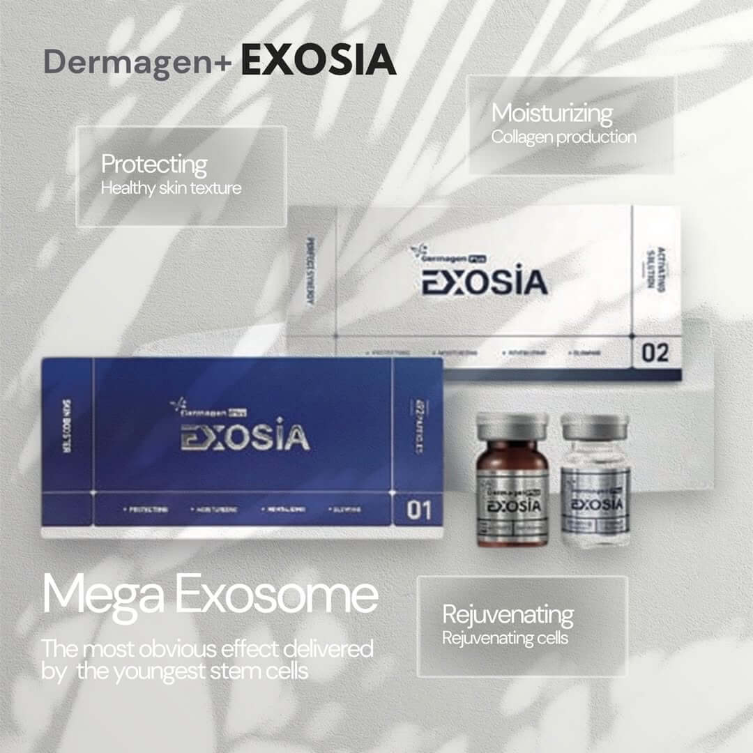 EXOSIA skin booster pack featuring peptides and growth factors for rejuvenating skin and stimulating collagen production.