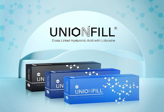 UNIONFILL Deep Gel boxes showcasing cross-linked hyaluronic acid with lidocaine for wrinkle correction.
