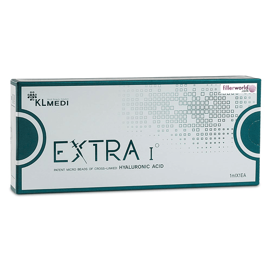 EXTRA I Premium hyaluronic acid gel packaging for skin rejuvenation and lip enhancement by KL Medi.