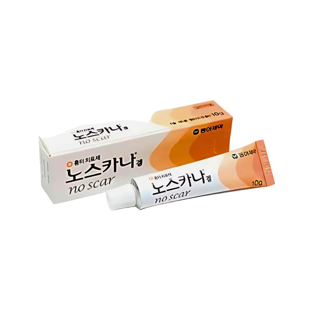 Noscarna scar treatment gel tube and box, designed for treating acne, surgical scars, and keloids with heparin and allantoin.