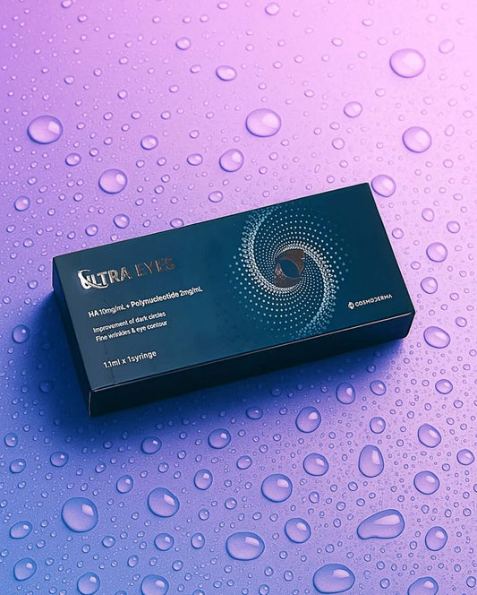 ULTRA EYE Hyaluronic Eye Booster box with droplets, 1.1ml applicator for hydrating delicate under-eye skin.