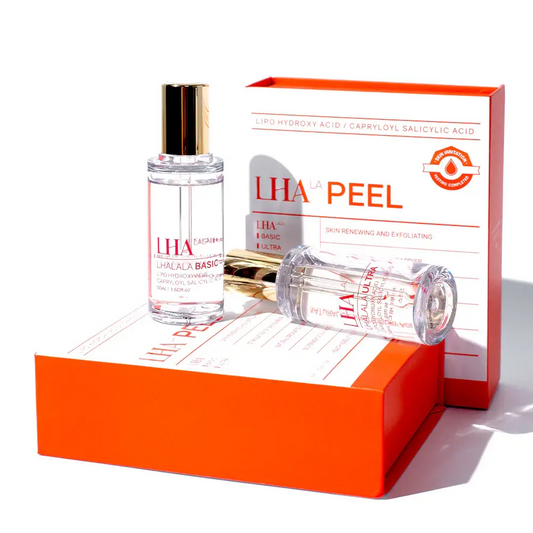 LHALA PEEL Set featuring resurfacing serums in a vibrant orange box for clear, radiant skin and pigmentation treatment.