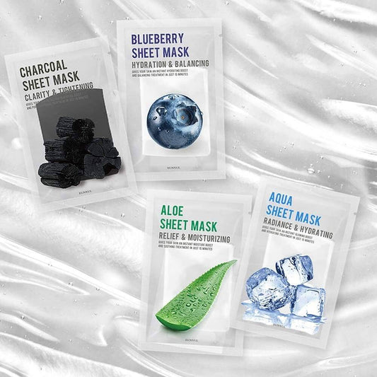 Variety of sheet masks including charcoal, blueberry, aloe, and aqua for hydration and nutrient-rich skincare.